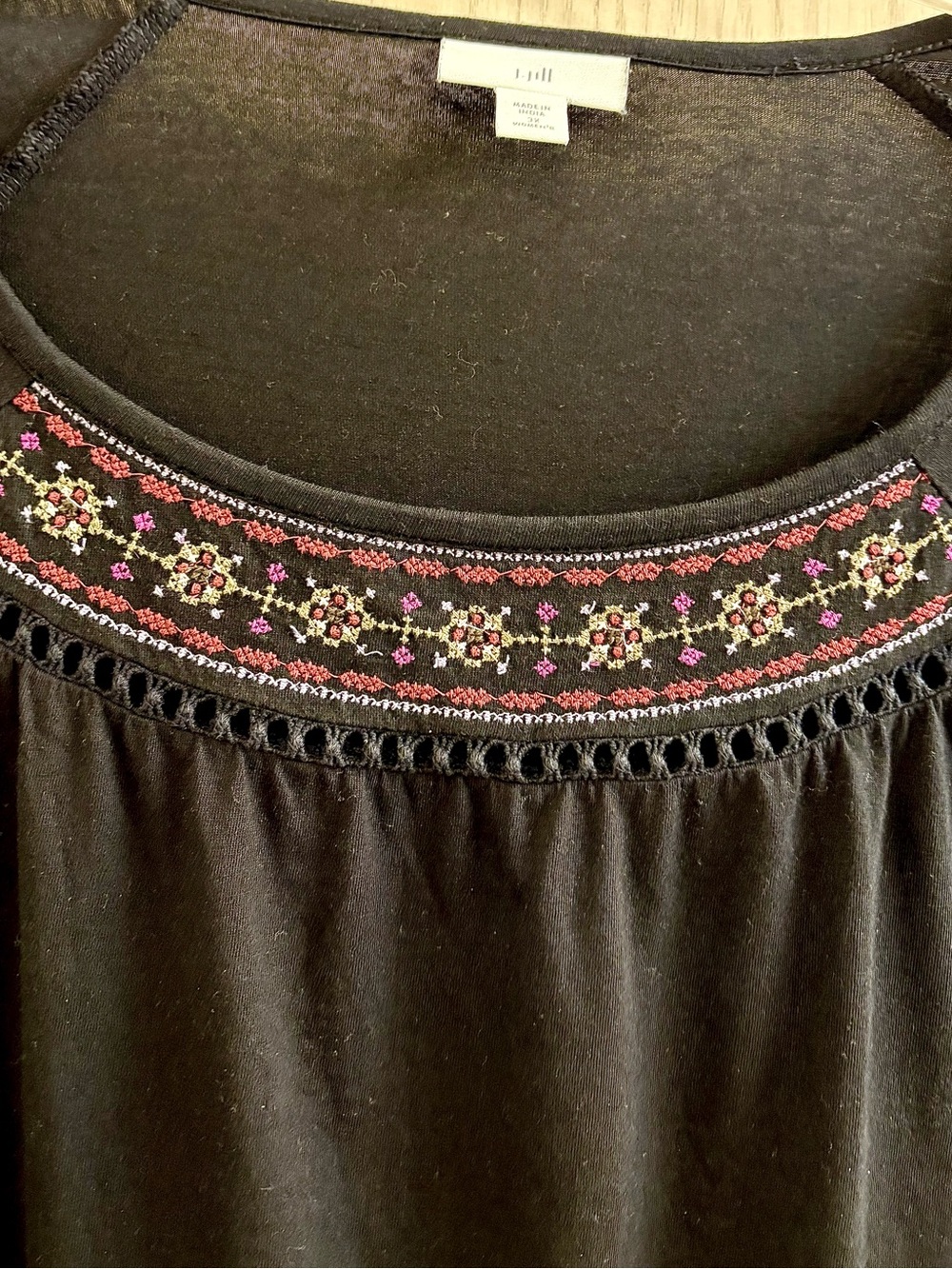 J. Jill Black Long-Sleeve Embroidered Peasant Top with Pink and Cream Accents - Picture 2 of 5